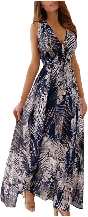 Boho Dress for Women Summer 2023 Deep V Neck Empire Waist Sundresses Flowy Maxi Dresses Hawaiian Bodycon
