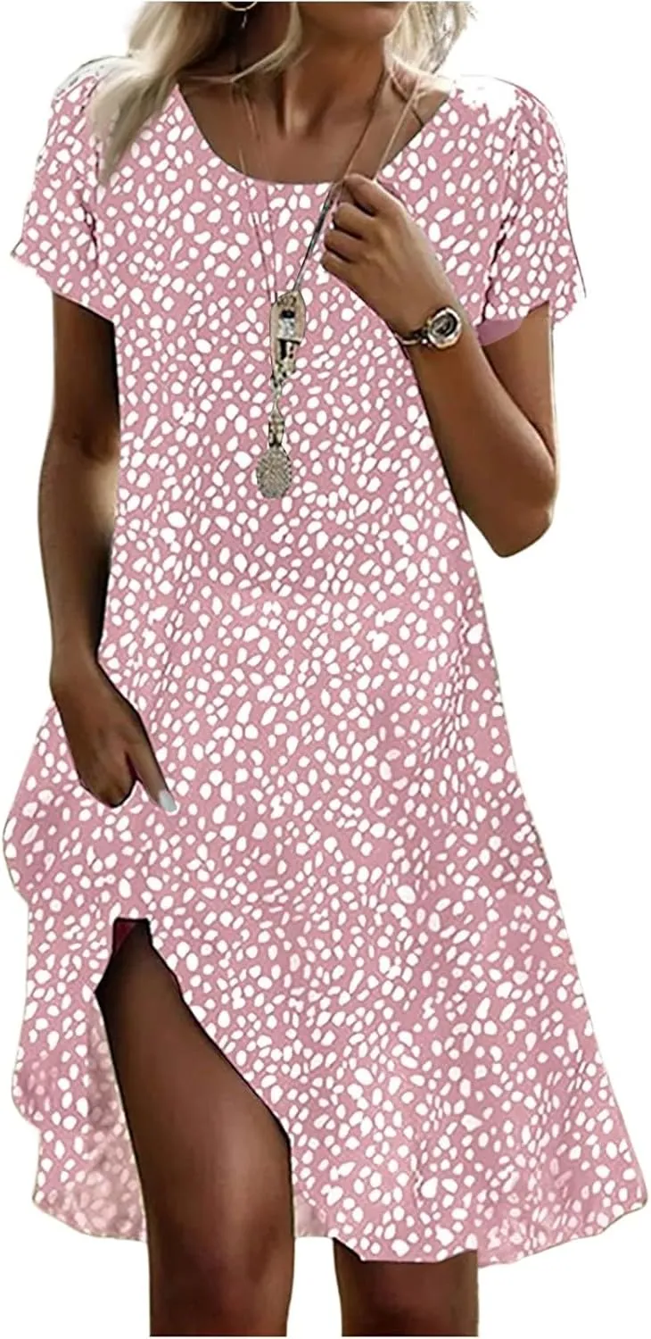 Boho Dresses for Women 2025 Summer Floral Print Short Sleeve Midi Dress Casual Loose A Line Beach Sun Dresses with Pockets