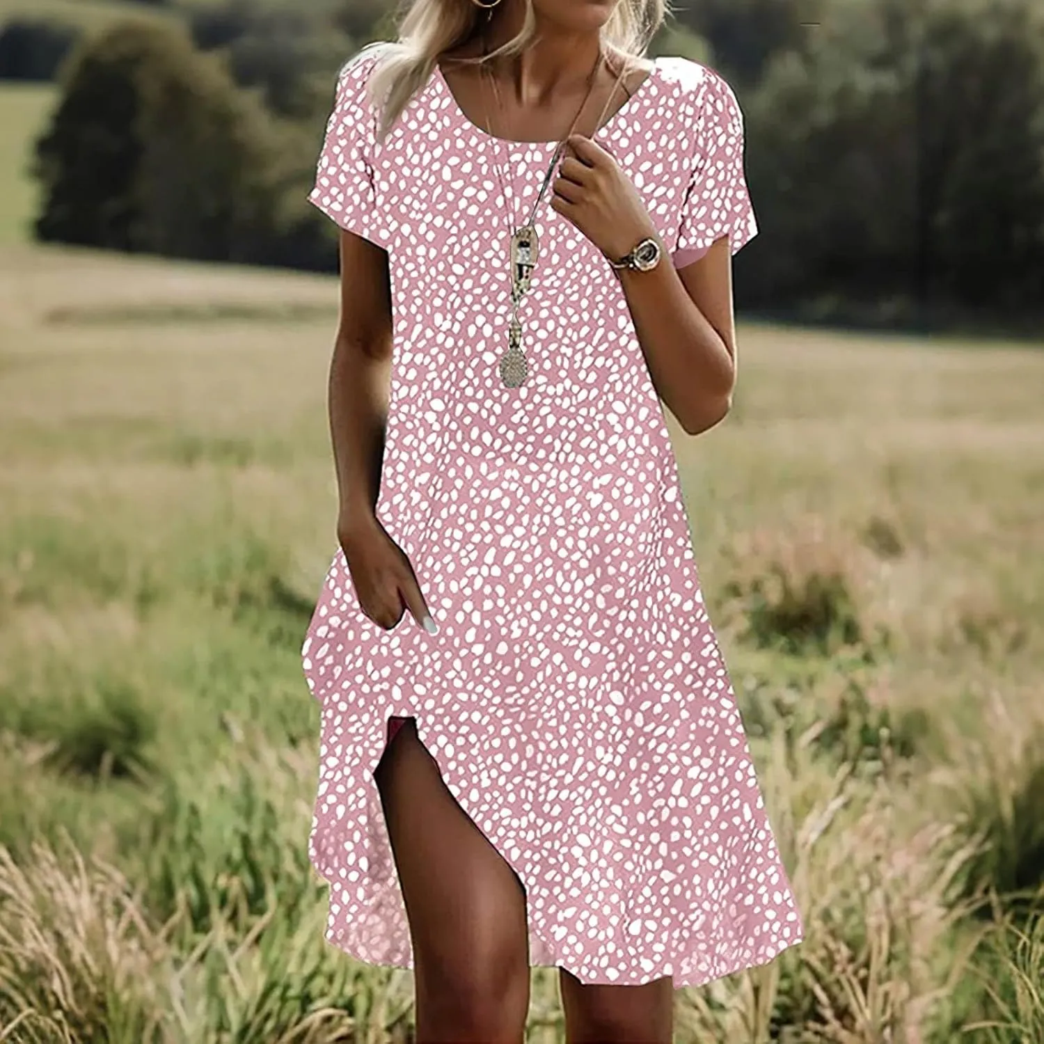 Boho Dresses for Women 2025 Summer Floral Print Short Sleeve Midi Dress Casual Loose A Line Beach Sun Dresses with Pockets
