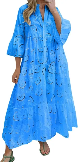 Boho Maxi Dress for Women Eyelet Dresses Elegant Lace Hollow Dress Summer V Neck Bell Sleeve Ruffle Flowy Long Dresses