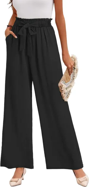 Buauty Wide Leg Palazzo Pants Woman with Pockets High Waist Pant Adjustable Knot Loose Trousers Business Casual Work Pants