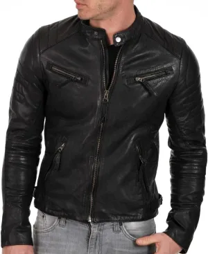 Cafe Racer Brown Leather Jacket Men - Brown Real Lambskin Leather Biker Jacket