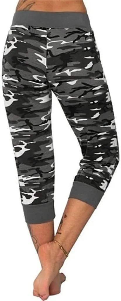 Camo Print Capri Pants for Women High Waist Casual Drawstring Trousers Workout Athletic Running Capri Leggings