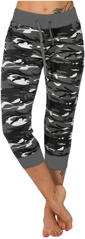 Camo Print Capri Pants for Women High Waist Casual Drawstring Trousers Workout Athletic Running Capri Leggings