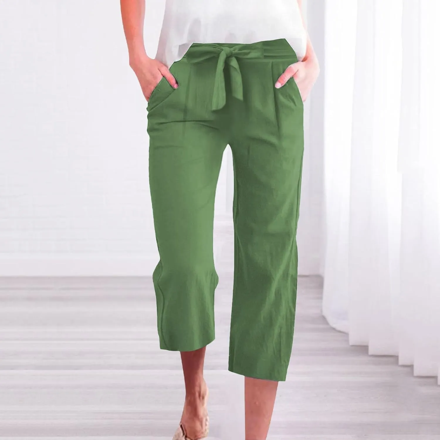 Capri Pants for Women Casual 2025 Summer Solid Color Elastic High Waist Straight Wide Leg Pockets Linen Pant