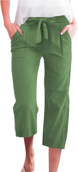 Capri Pants for Women Casual 2025 Summer Solid Color Elastic High Waist Straight Wide Leg Pockets Linen Pant