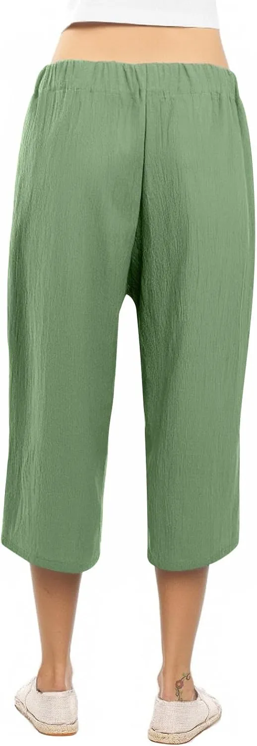 Capri Pants for Women Casual 2025 Summer Solid Color Elastic High Waist Straight Wide Leg Pockets Linen Pant