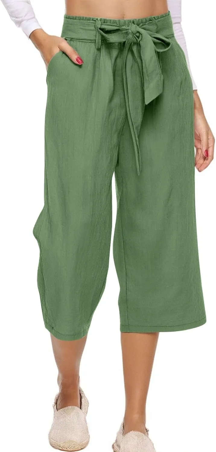 Capri Pants for Women Casual 2025 Summer Solid Color Elastic High Waist Straight Wide Leg Pockets Linen Pant