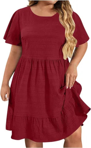 Casual Dresses for Women Plus Size Loose Short Sleeve Solid Color Dress Fashion Pleated Vacation Summer Sundress