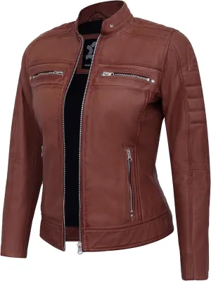 Casual Outerwear Real Lambskin Motorcycle Jackets Womens- Classic Biker Style Stand Collar Leather Jacket Women