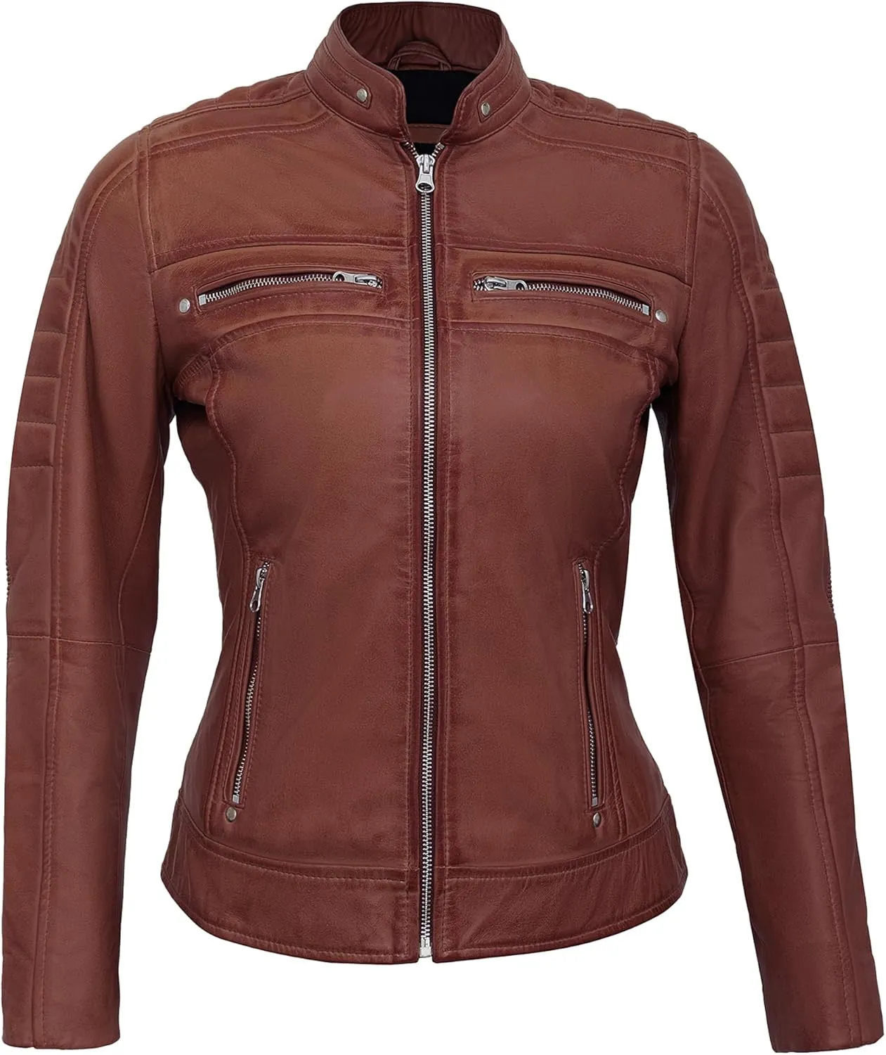 Casual Outerwear Real Lambskin Motorcycle Jackets Womens- Classic Biker Style Stand Collar Leather Jacket Women