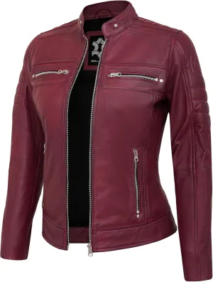 Casual Outerwear Real Lambskin Motorcycle Jackets Womens- Classic Biker Style Stand Collar Leather Jacket Women