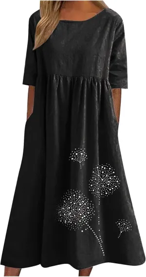 Ceboyel Women Cotton Linen Maxi Dress Dandelion Print Short Sleeve Dresses Boho Causal Summer Dress Cute Vacation Outfits