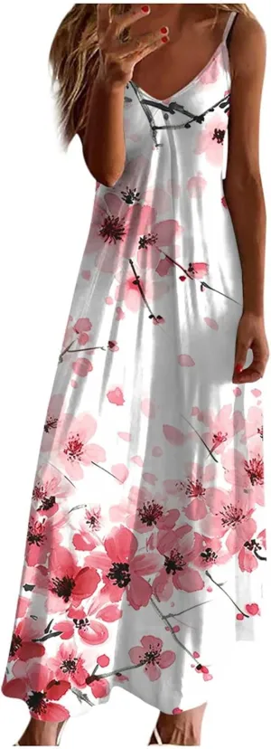 Ceboyel Women Floral Spaghetti Strap Sundress Casual Summer Long Maxi Dress Vneck Sexy Boho Dresses Trendy Beach Clothes 2024