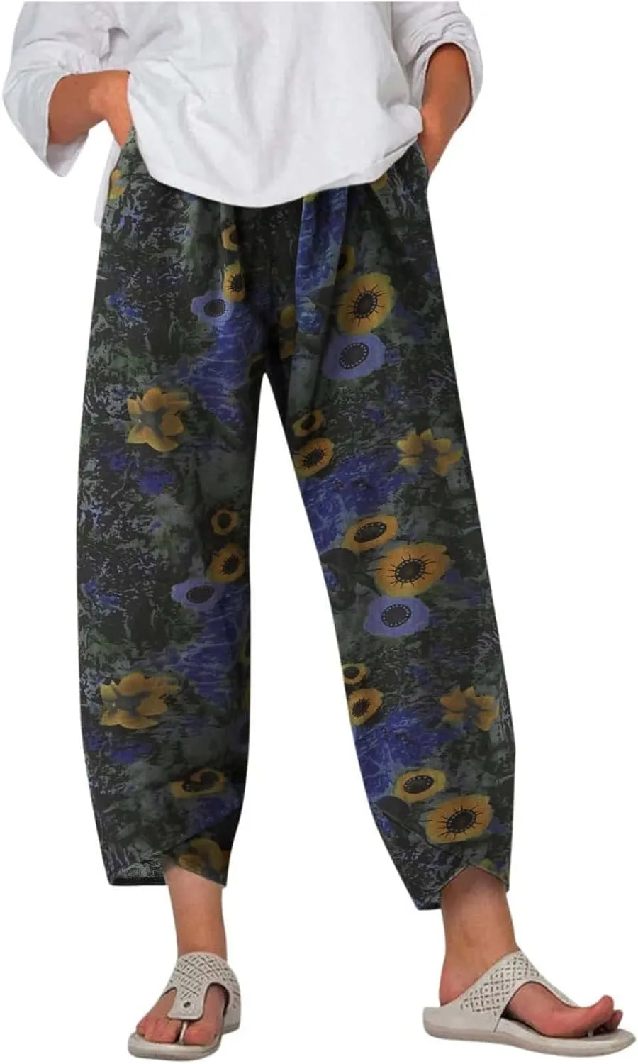 Ceboyel Women Hawaii Linen Capris Pants Wide Leg Relax Fit Palazzo Pants Summer Casual Sweatpants Trousers Boho Outfits