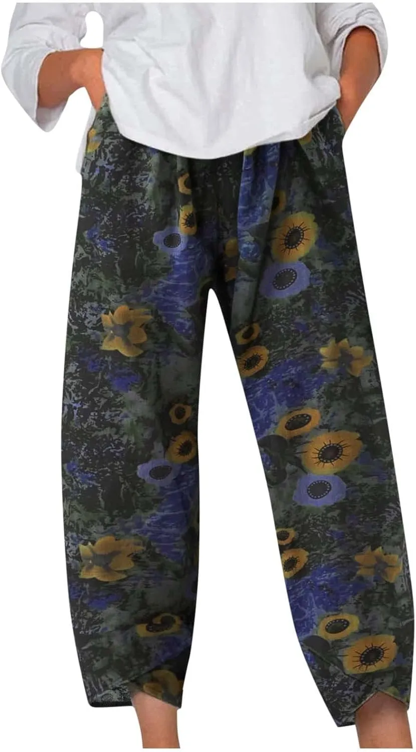 Ceboyel Women Hawaii Linen Capris Pants Wide Leg Relax Fit Palazzo Pants Summer Casual Sweatpants Trousers Boho Outfits