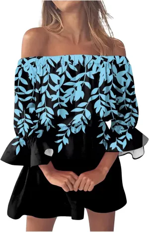 Ceboyel Womens Floral Ruffle Dress Off The Shoulder Summer Skater Dresses Boho Short Sundress Cruise Beach Vacation Clothes