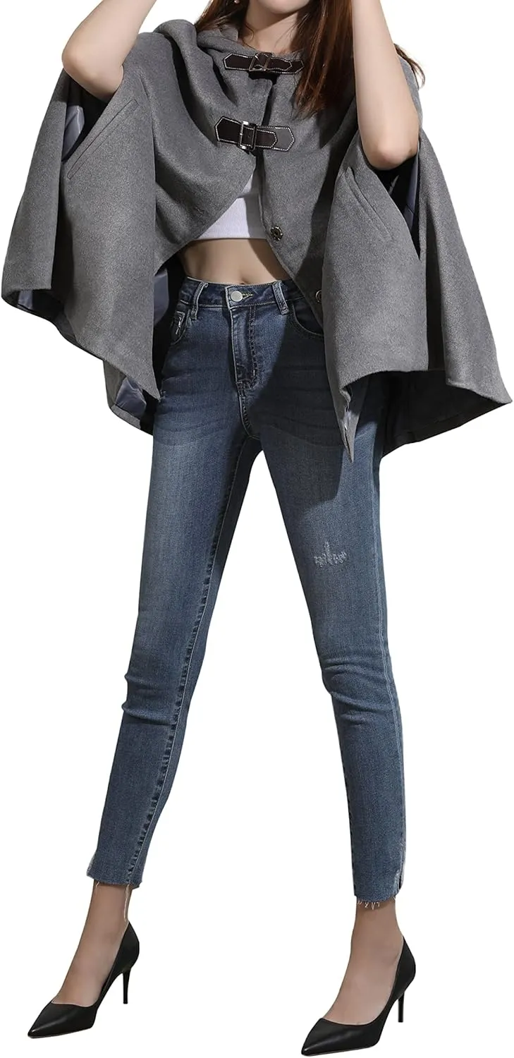 CHARTOU Women's Cute Batwing-Sleeve Hooded Wool Baggy Poncho Cape Cardigans Outwear