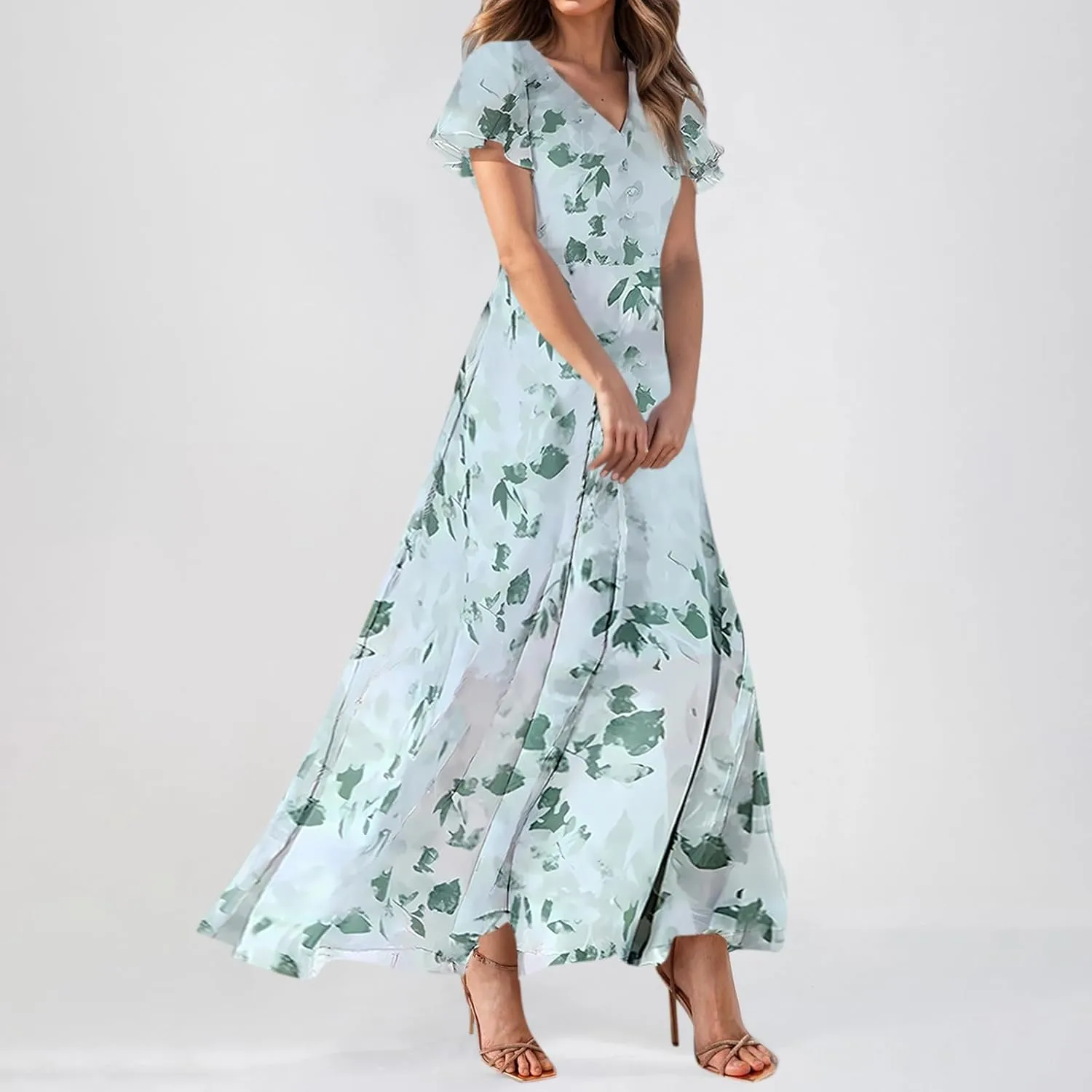 Chiffon Dress for Women Summer Bohemian Floral Printed Maxi Dresses Garden Party Swing Flowy Short Sleeve Dress