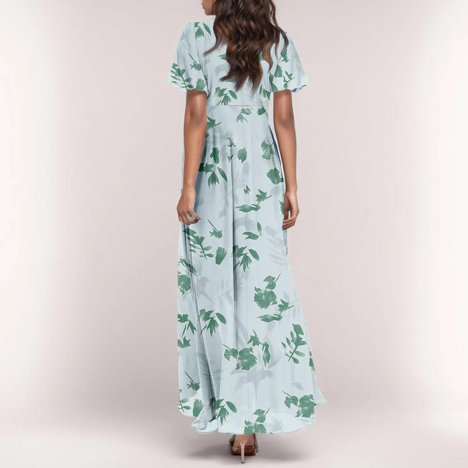 Chiffon Dress for Women Summer Bohemian Floral Printed Maxi Dresses Garden Party Swing Flowy Short Sleeve Dress
