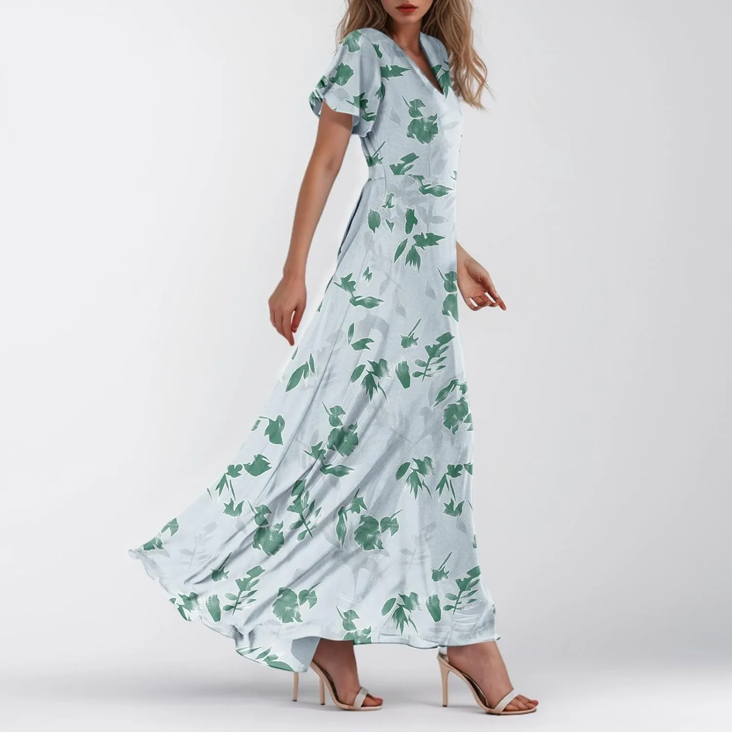 Chiffon Dress for Women Summer Bohemian Floral Printed Maxi Dresses Garden Party Swing Flowy Short Sleeve Dress