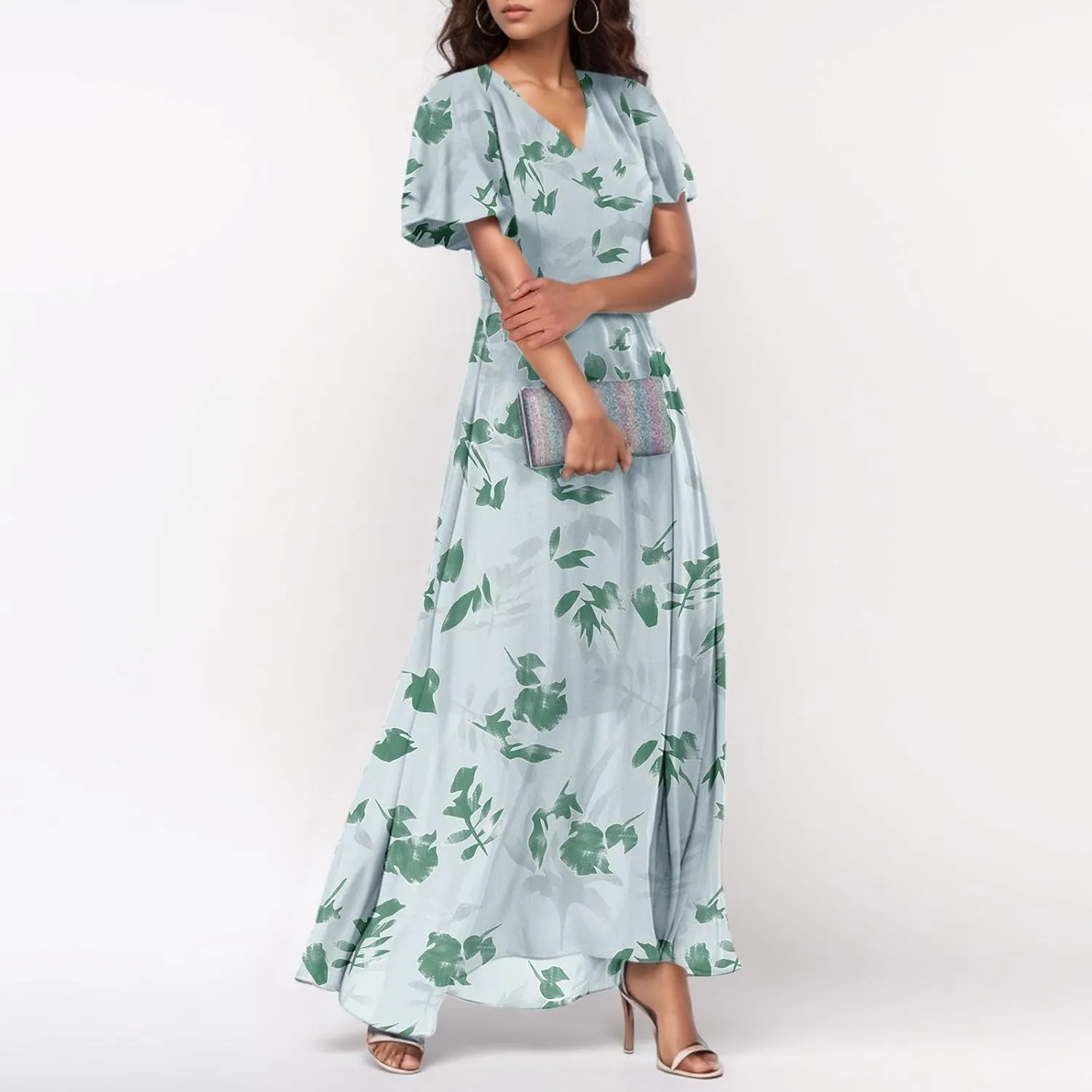 Chiffon Dress for Women Summer Bohemian Floral Printed Maxi Dresses Garden Party Swing Flowy Short Sleeve Dress