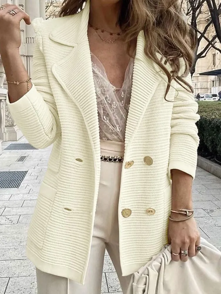 chouyatou Women's Casual Notched Lapel Double Breasted Large Pocket Ribbed Blazer Jacket