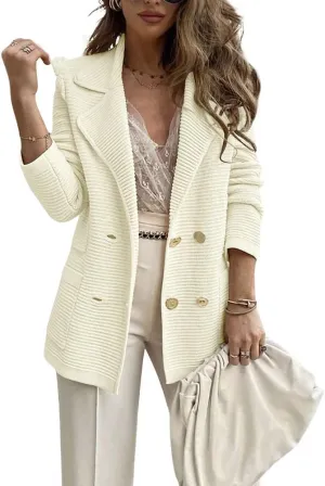 chouyatou Women's Casual Notched Lapel Double Breasted Large Pocket Ribbed Blazer Jacket