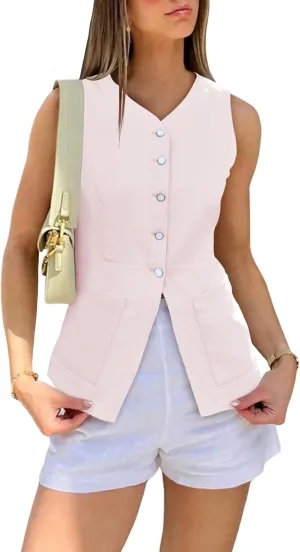 Cicy Bell Womens Button Down Vest Tops Summer Fitted Sleeveless Tank Tops Dressy Casual Business Waistcoat