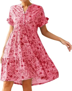 cooki Summer Dresses for Women 2024 Half Puff Sleeve Floral Print Button Down Loose Ruffle Tiered Beach Mini Dress Sundress