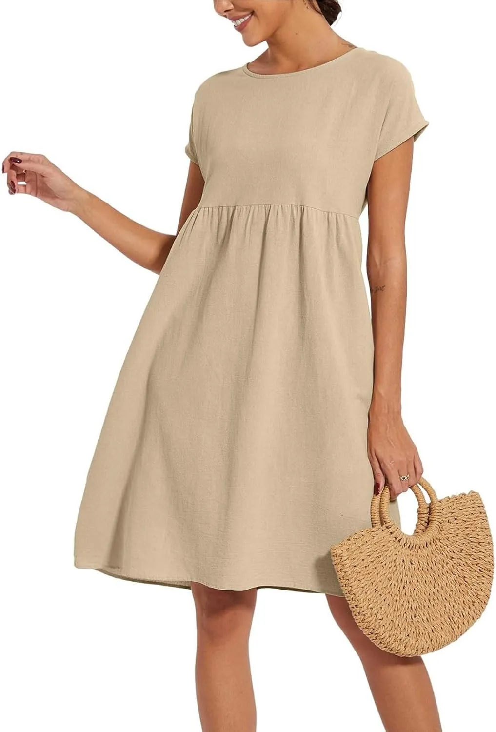 Cotton Dresses for Women 2024 Summer Linen Casual Beach Midi Dress Short Sleeve Loose Flowy Sundress with Pockets