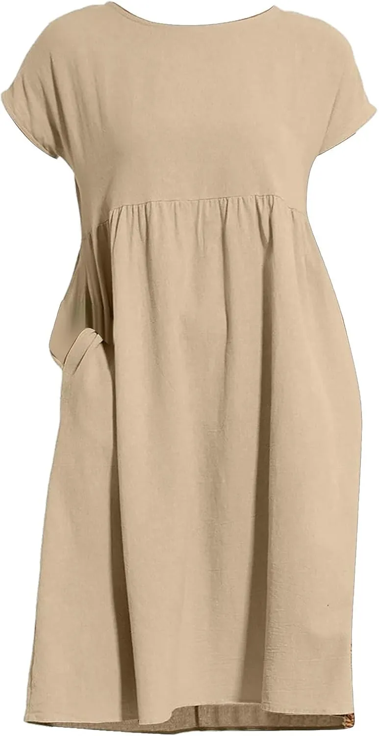 Cotton Dresses for Women 2024 Summer Linen Casual Beach Midi Dress Short Sleeve Loose Flowy Sundress with Pockets