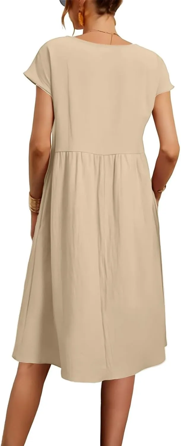 Cotton Dresses for Women 2024 Summer Linen Casual Beach Midi Dress Short Sleeve Loose Flowy Sundress with Pockets