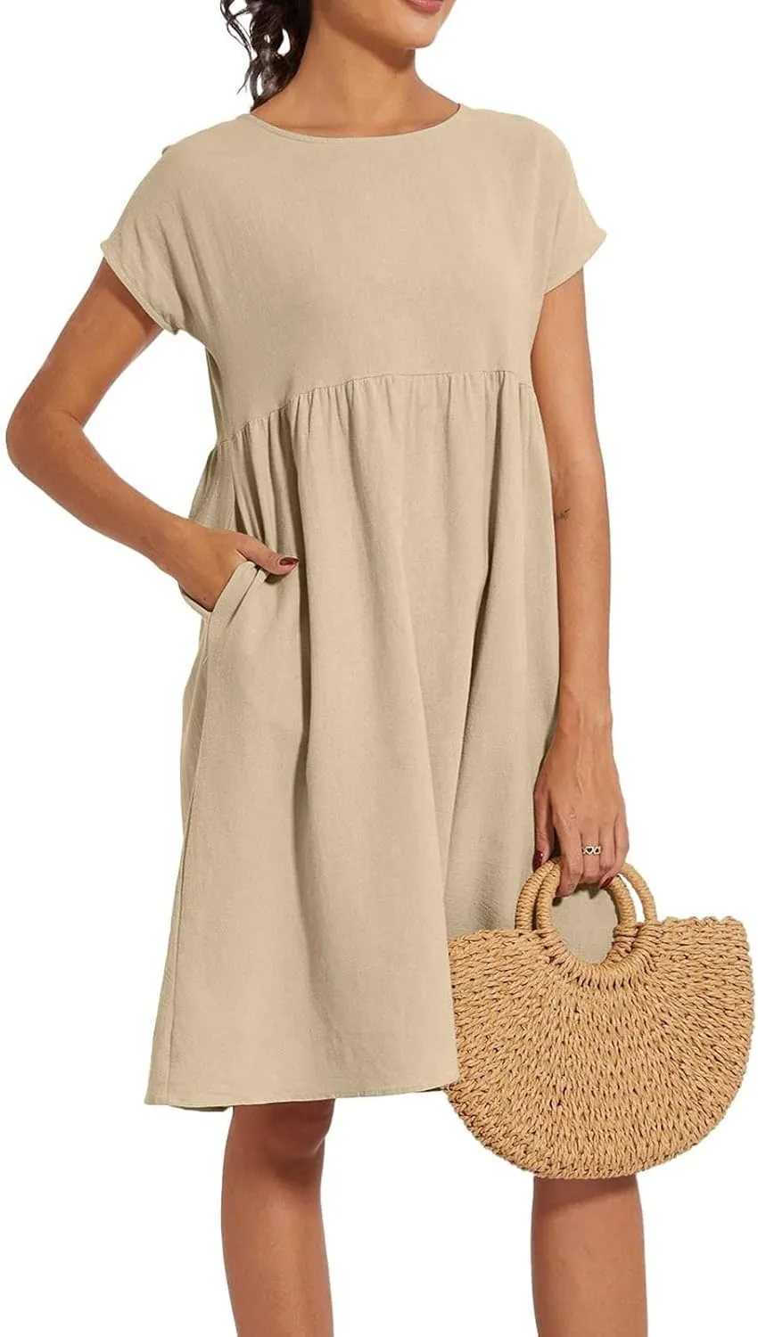 Cotton Dresses for Women 2024 Summer Linen Casual Beach Midi Dress Short Sleeve Loose Flowy Sundress with Pockets