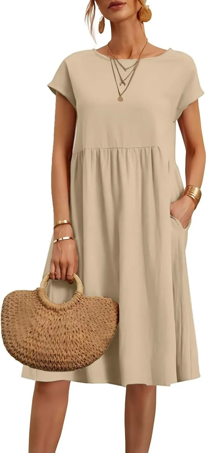 Cotton Dresses for Women 2024 Summer Linen Casual Beach Midi Dress Short Sleeve Loose Flowy Sundress with Pockets