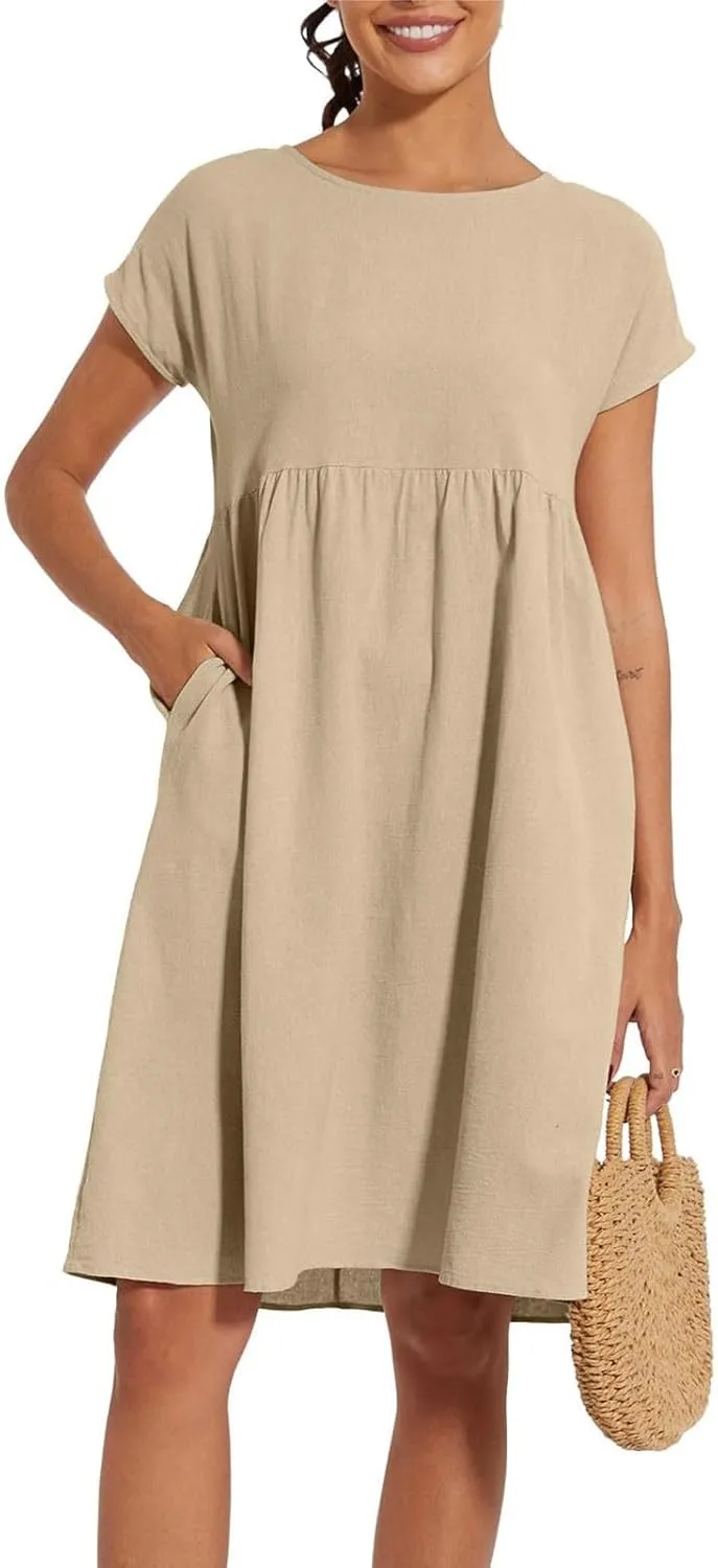 Cotton Dresses for Women 2024 Summer Linen Casual Beach Midi Dress Short Sleeve Loose Flowy Sundress with Pockets