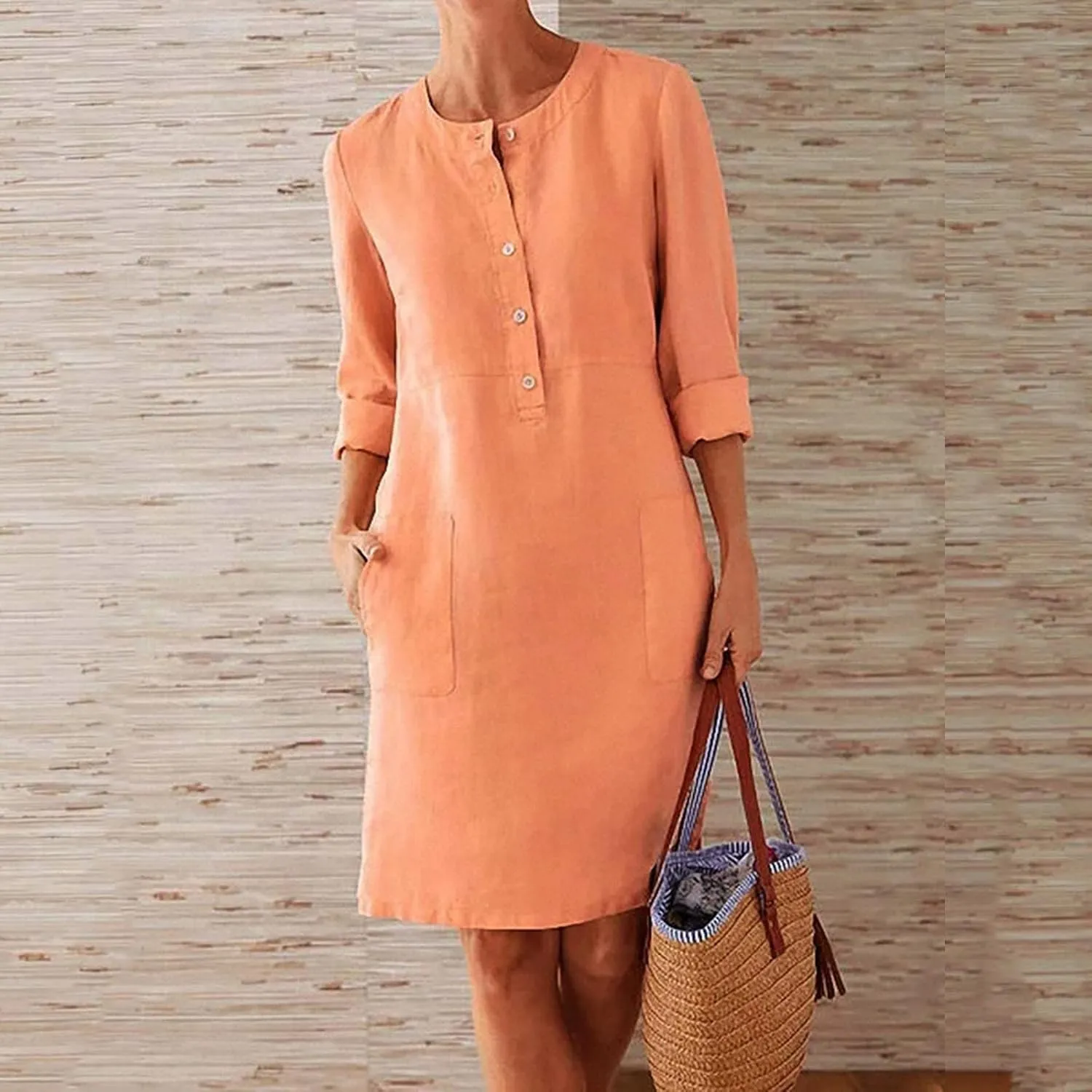 Cotton Linen Dress for Women Casual Button Up Long Sleeve Midi Dresses Work Vacation Plus Size Pockets Dress M-5XL