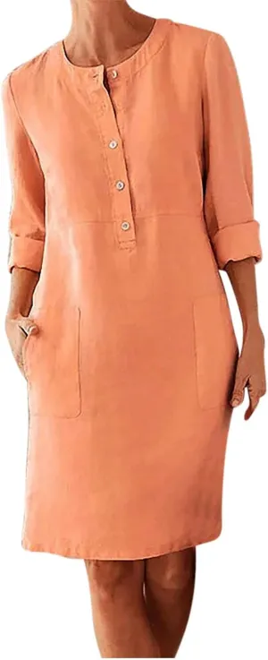 Cotton Linen Dress for Women Casual Button Up Long Sleeve Midi Dresses Work Vacation Plus Size Pockets Dress M-5XL