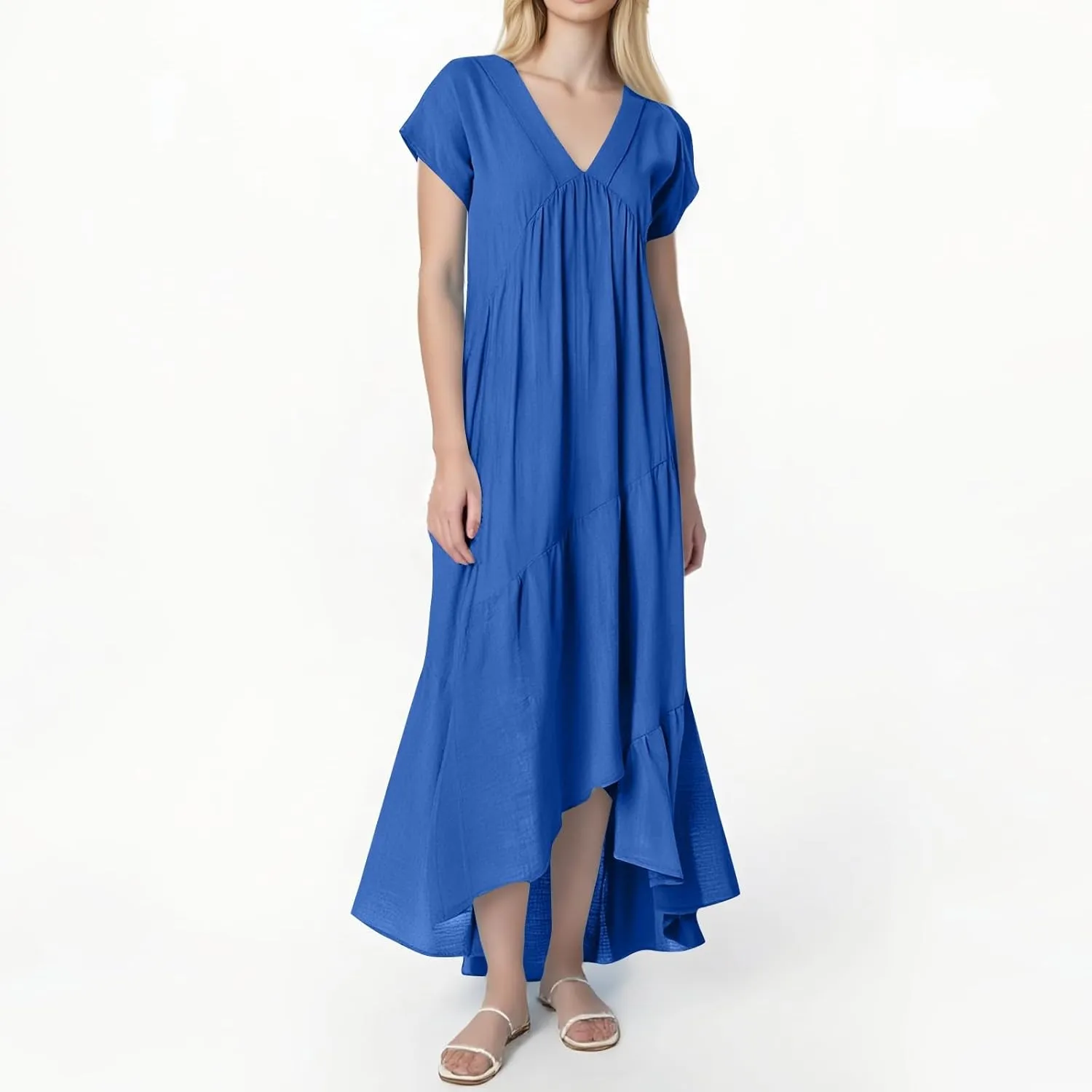 Cotton Linen Dresses for Women 2025 Summer Short Sleeve Midi Beach Dress A Line Flowy Dresses Shirt Dress with Pocket