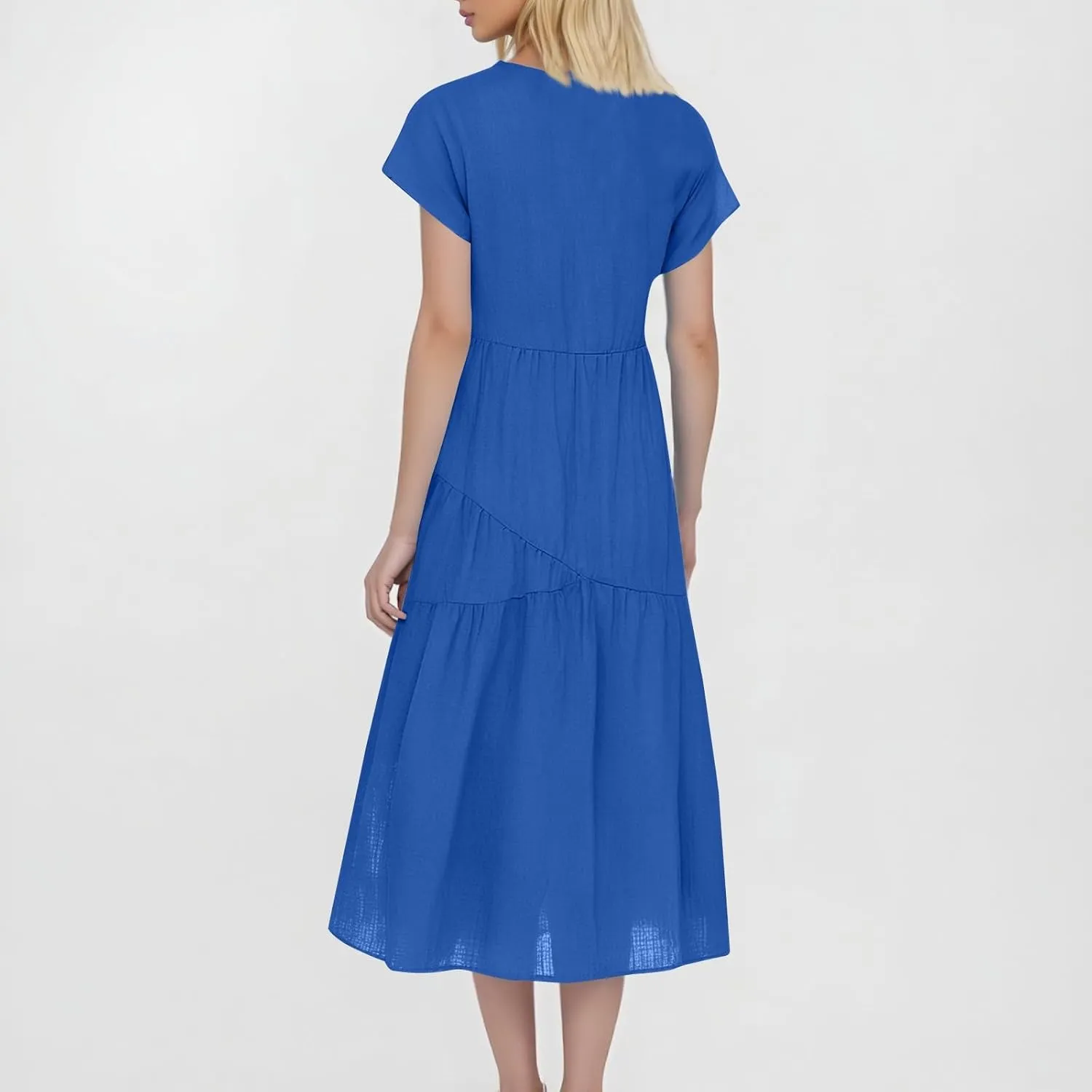 Cotton Linen Dresses for Women 2025 Summer Short Sleeve Midi Beach Dress A Line Flowy Dresses Shirt Dress with Pocket