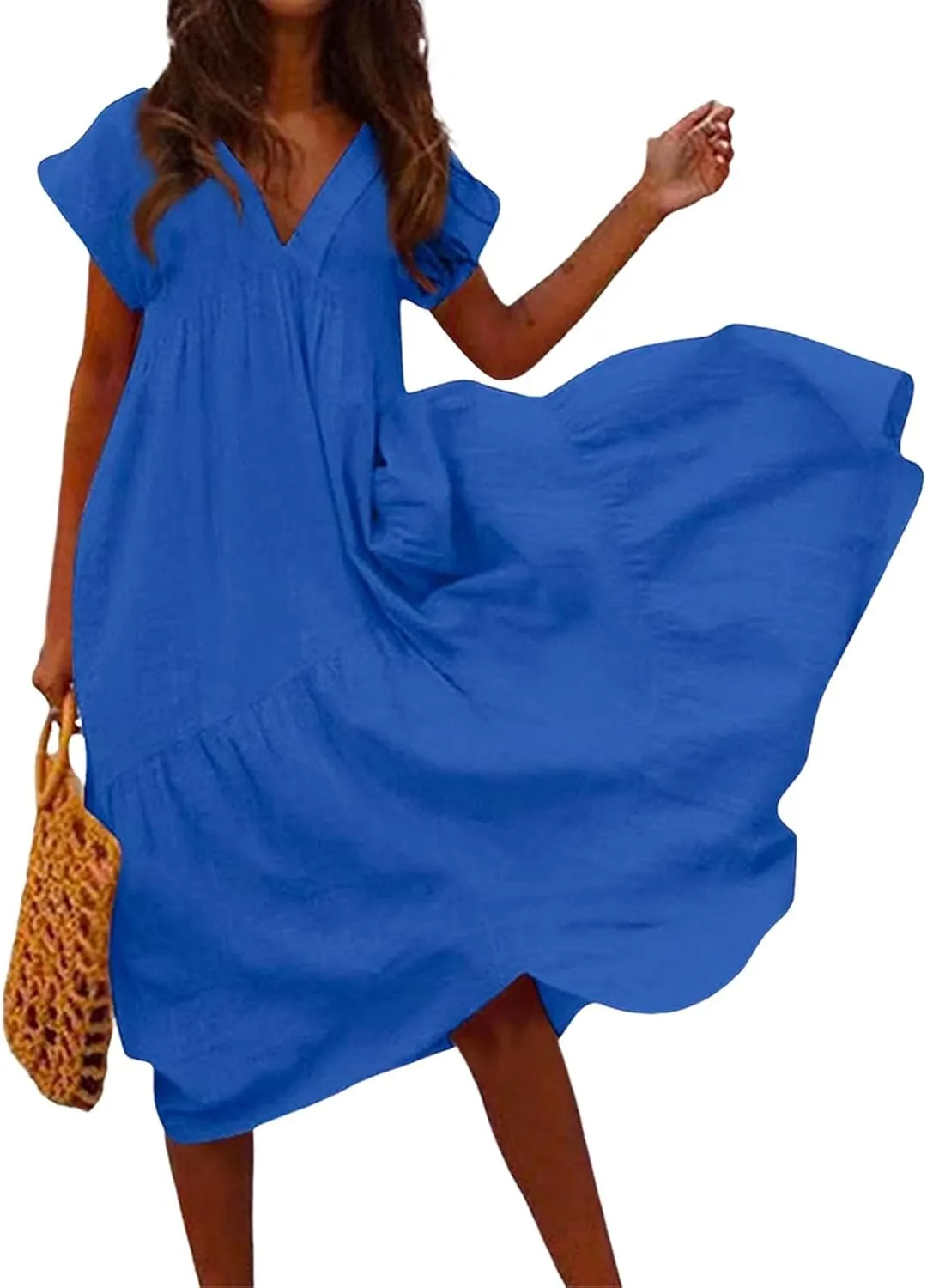 Cotton Linen Dresses for Women 2025 Summer Short Sleeve Midi Beach Dress A Line Flowy Dresses Shirt Dress with Pocket