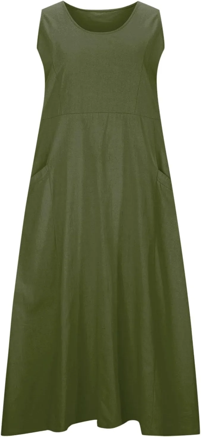 Cotton Linen Maxi Dress for Women 2025 Summer Boho Casual Beach Dresses Sleeveless Solid Long Dress Vacation Outfits