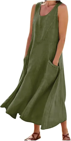 Cotton Linen Maxi Dress for Women 2025 Summer Boho Casual Beach Dresses Sleeveless Solid Long Dress Vacation Outfits