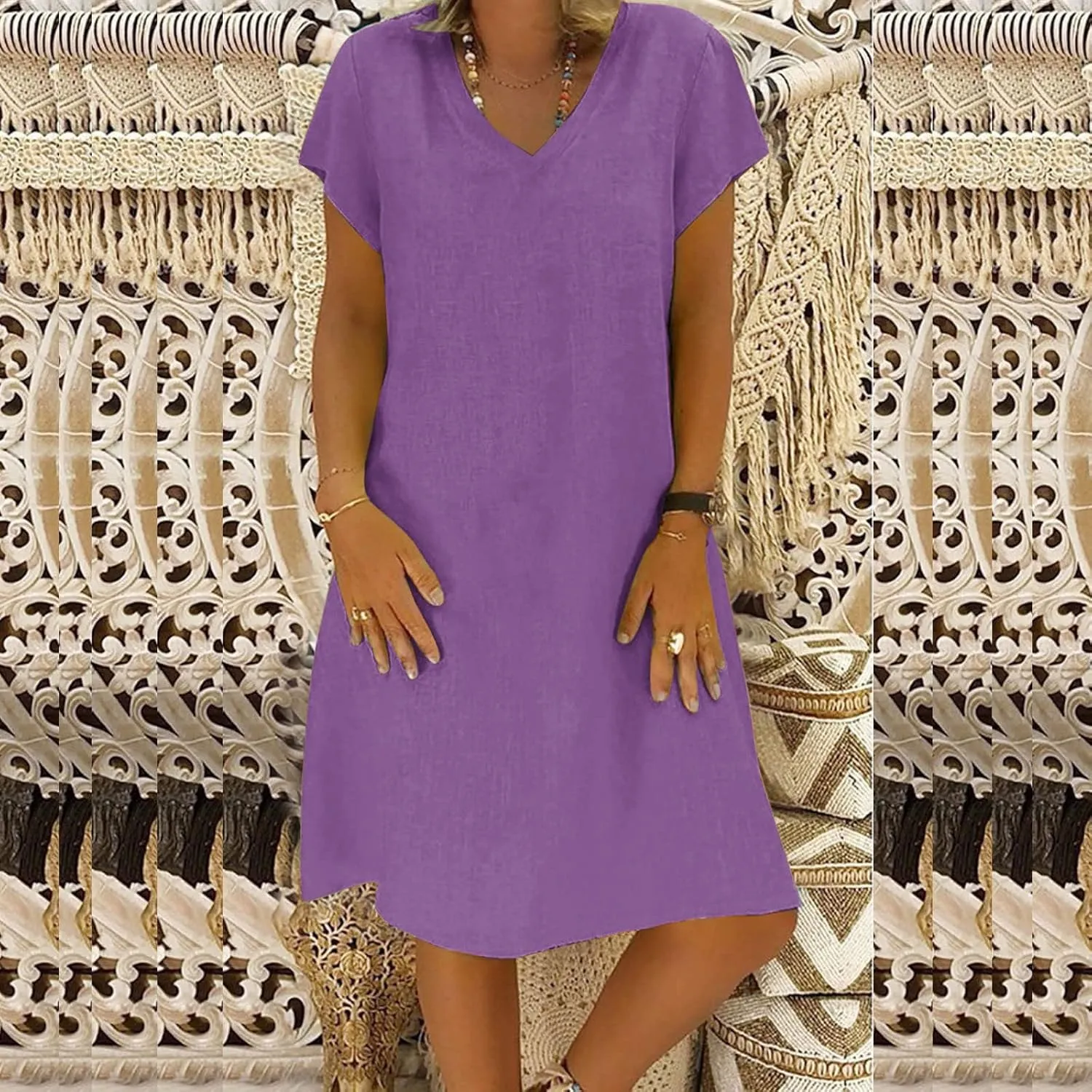 Cotton Linen Mini Dress Short Sleeve V Neck Beach Vacation Dresses Summer Casual Boho Sundress Lounge Solid Clothes