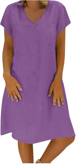 Cotton Linen Mini Dress Short Sleeve V Neck Beach Vacation Dresses Summer Casual Boho Sundress Lounge Solid Clothes