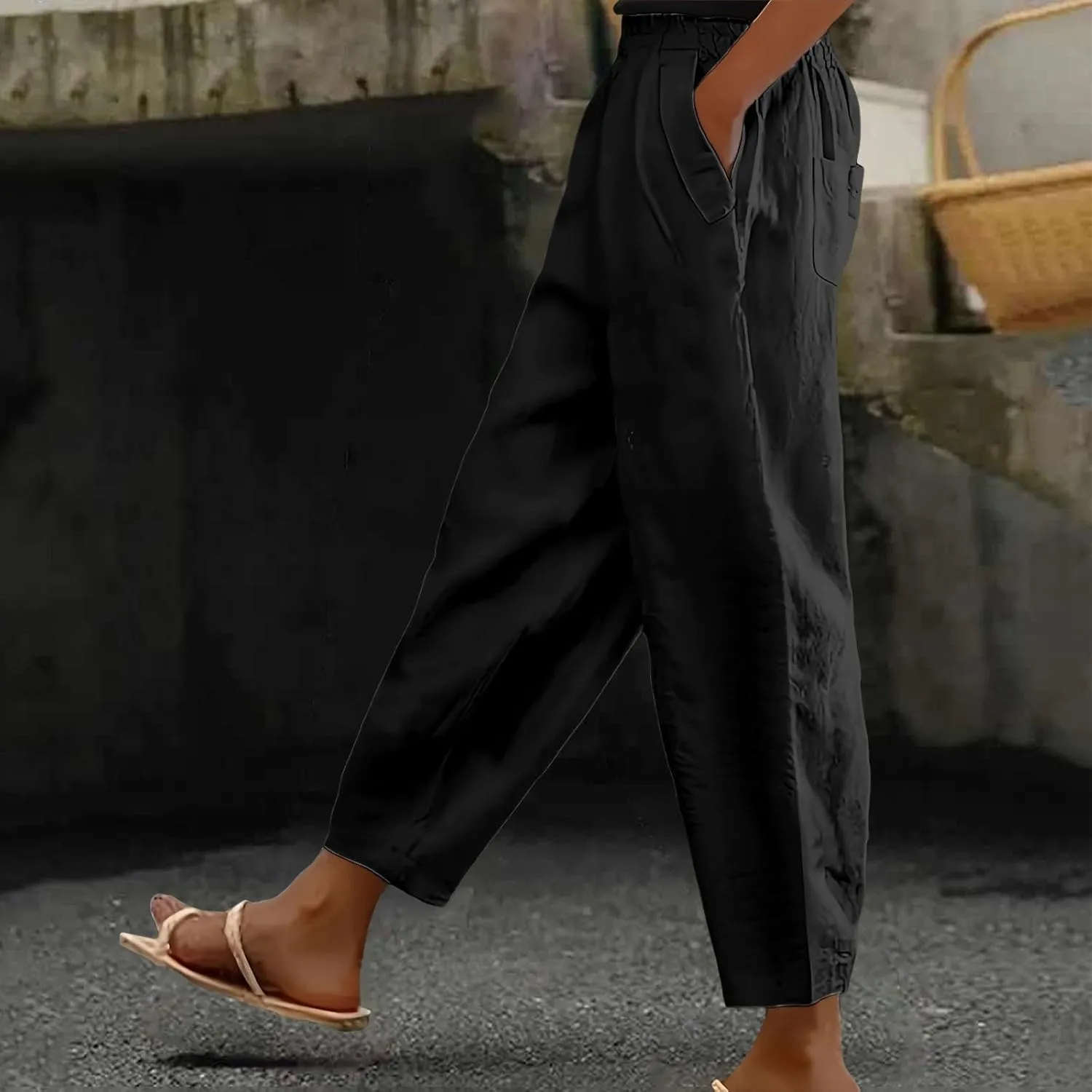 Cotton Linen Pants for Womens Elastic Waist Straight Leg Trousers 2025 Summer Loose Fir Comfy Hiking Jogger Sweatpant