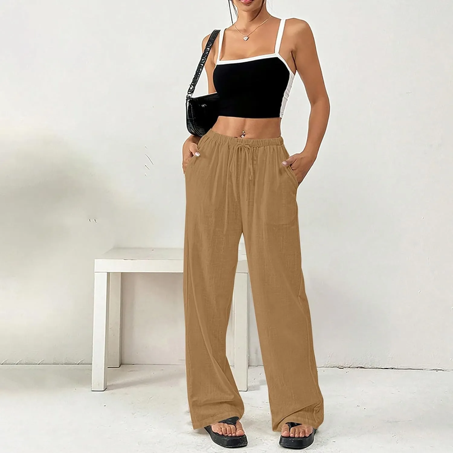 Cotton Linen Pants for Womens Loose Fit Breathable Cool Summer Outdoor Hiking Trousers Elastic Waist Drawstring Pants