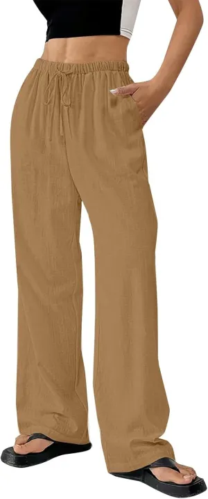 Cotton Linen Pants for Womens Loose Fit Breathable Cool Summer Outdoor Hiking Trousers Elastic Waist Drawstring Pants