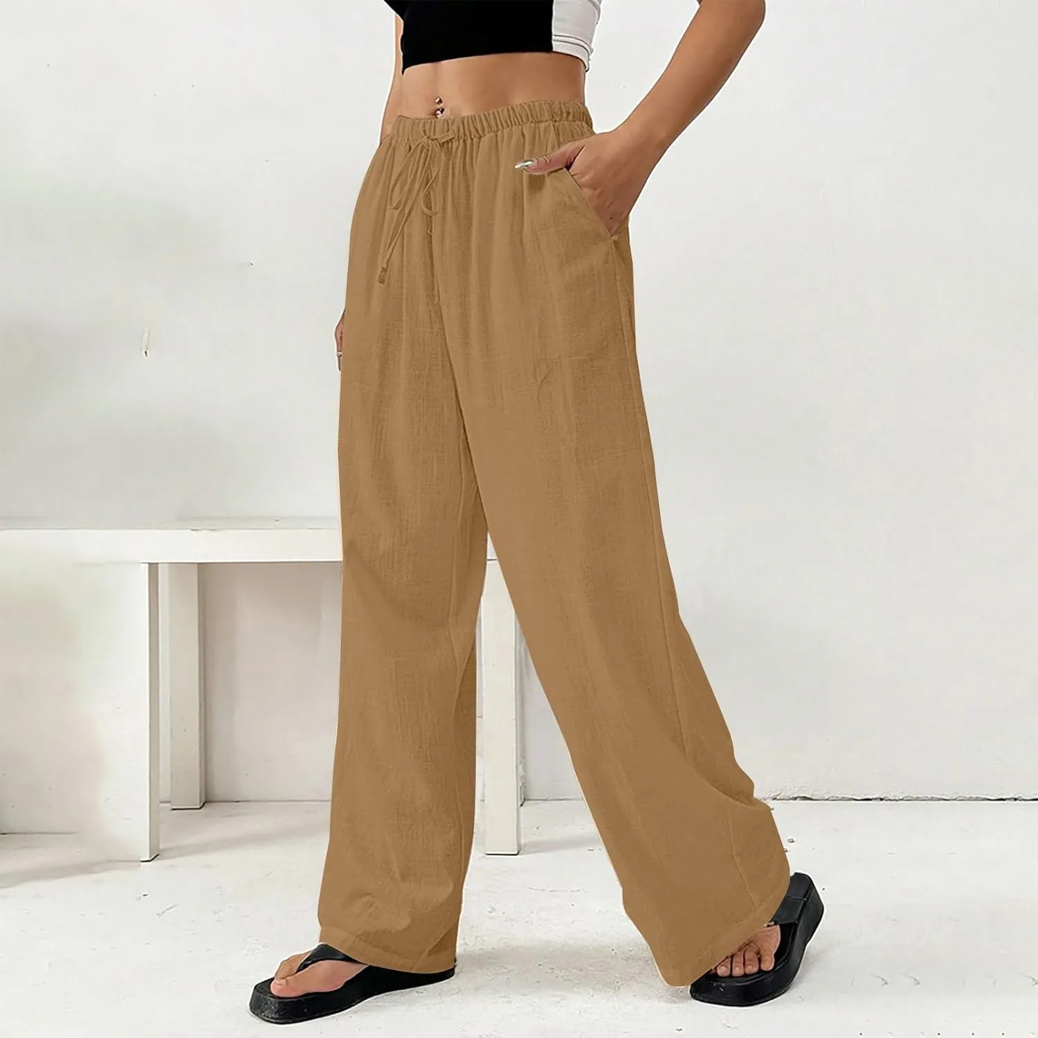 Cotton Linen Pants for Womens Loose Fit Breathable Cool Summer Outdoor Hiking Trousers Elastic Waist Drawstring Pants