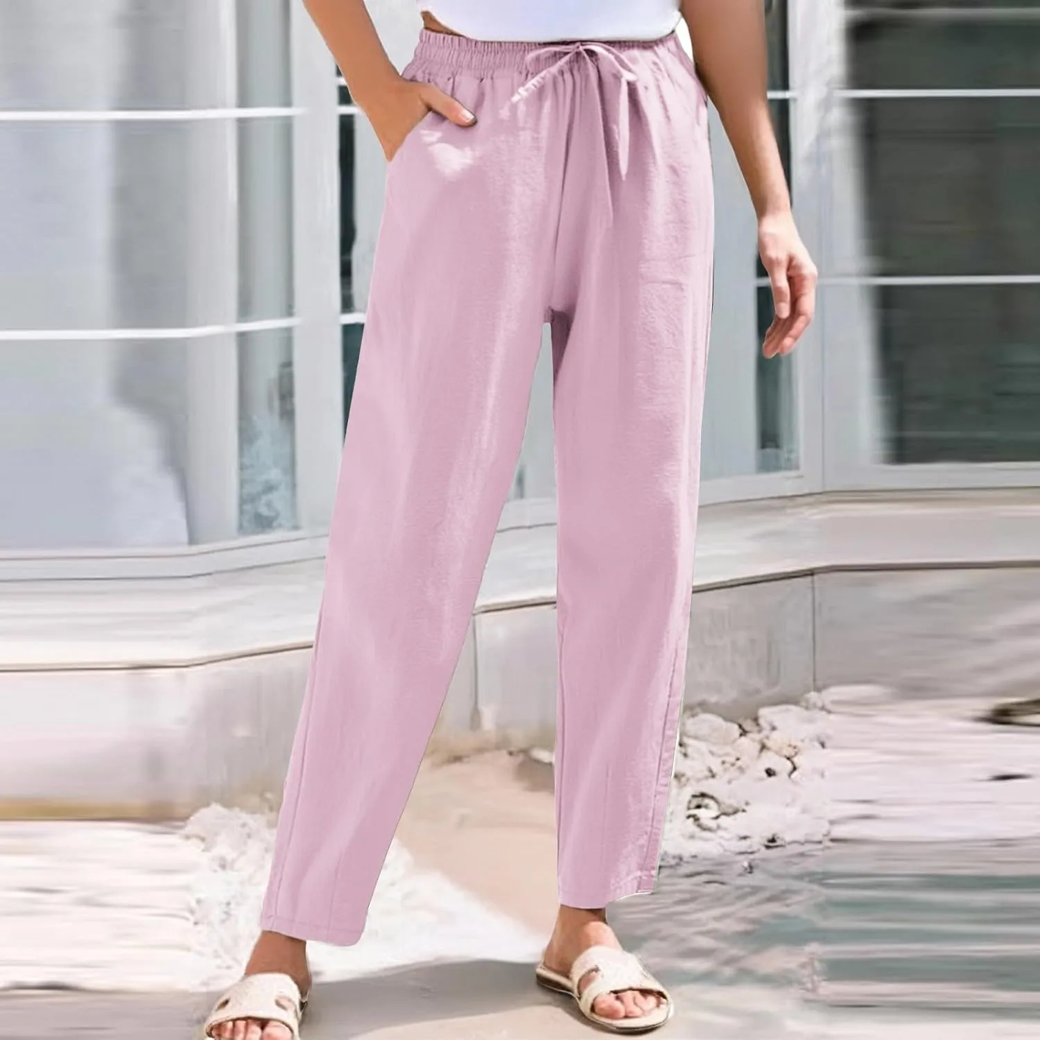 Cotton Linen Pants Women Palazzo Straight Lounge Drawstring Beach Linen Clothes for Women 2025